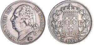Louis XVIII (1815-1824) - 2 francs Louis XVIII au buste nu 1824 A (Paris)