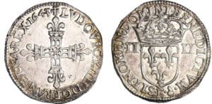 Louis XIV (1643-1715) - ¼ d'écu, frappe au marteau, avers côté croix - 1643 F (Angers)