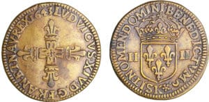 Louis XIV (1643-1715) - ¼ d'écu, frappe au marteau, avers côté croix - 1643 K (Bordeaux) différent : rose ; en cuivre