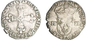 Louis XIII (1610-1643) - ¼ d'écu à la croix fleurdelisée, avers côté croix - 1625 T (Nantes)