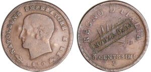 Italie - Napoléon I - 3 centesimi 1er type - 1810 V (Venise) contremarque "MONZA 1814"