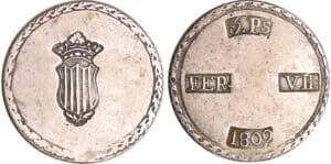 Espagne - Siège de Taragone - Duro de 5 pesetas 1809 blason étroit