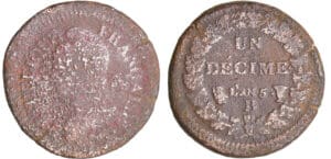 Directoire (1795-1799) - 1 décime Dupré - grand module An 5 B (Rouen) hybride revers du 5 centimes