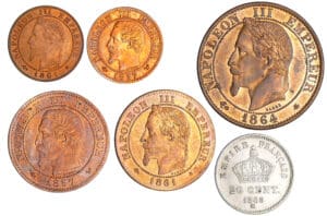 Napoléon III (1852-1870) - Lot de 6 monnaies de 1 à 5 centimes et 20 centimes
