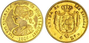 Espagne - Isabel II (1833-1868) - 4 escudos 1866 (Madrid) cuivre doré faux d'époque