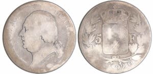 Louis XVIII (1815-1824) - 5 francs au buste nu 1822 Q (Perpignan)