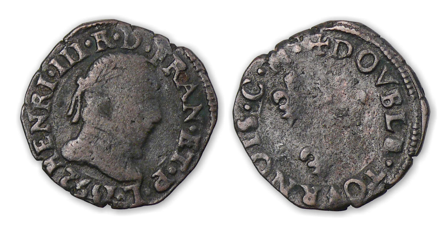Henri III - Double tournois 1592 M (Toulouse) frappe médaille. Henri III - Double tournois 1592 M (Toulouse) frappe médaille.