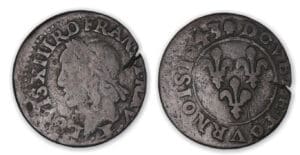 Louis XIII - Double tournois de Warin 1642 F barré (Feurs).