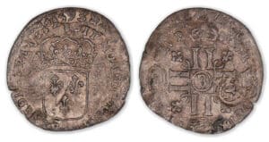 Louis XIV - Sol de 15 deniers surfrappé 1695 B (Rouen) sur un douzain de 1693.