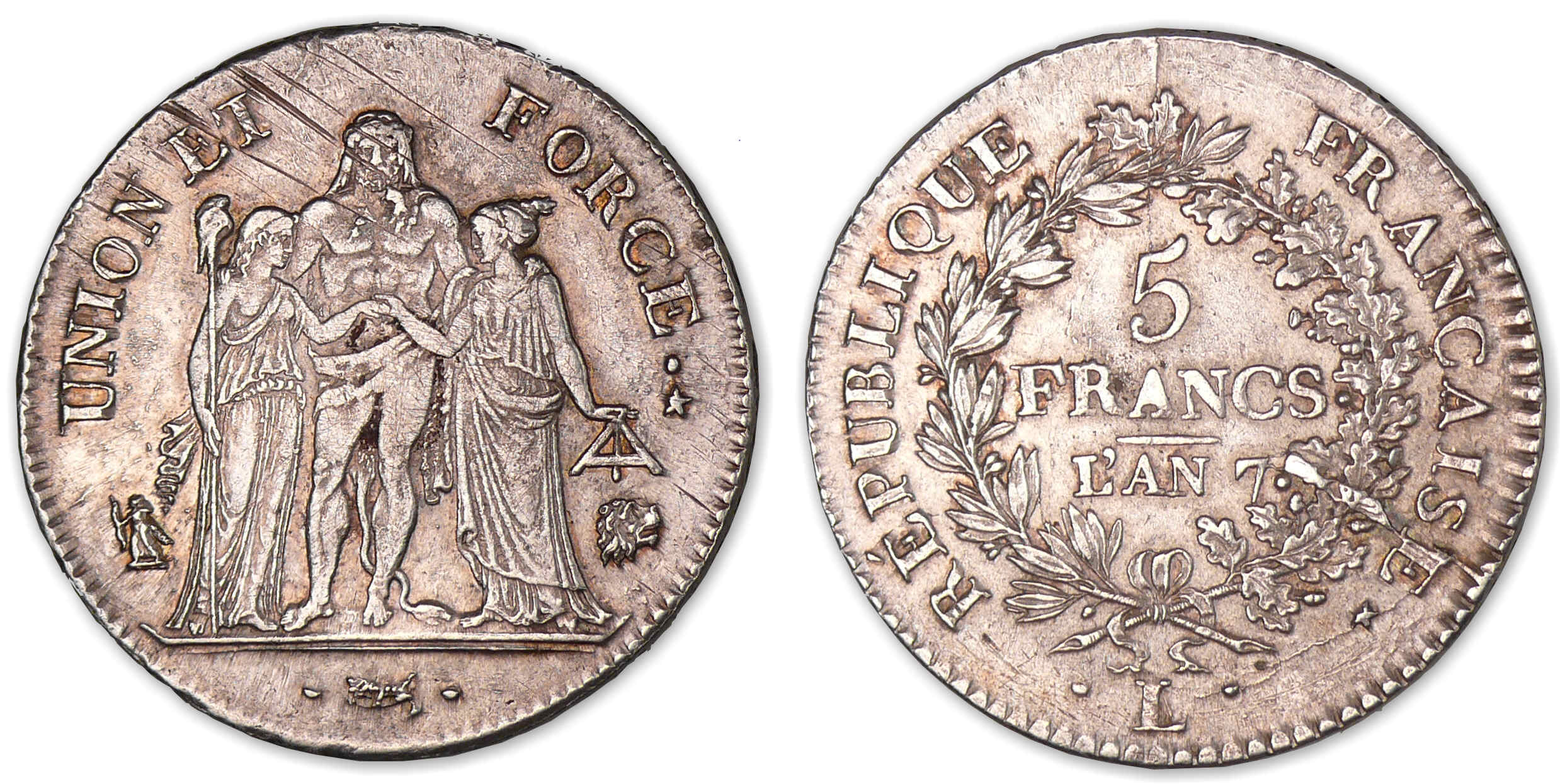 5 francs Hercule union et force avec glands An 7 L (Bayonne). 5 francs Hercule union et force avec glands An 7 L (Bayonne).