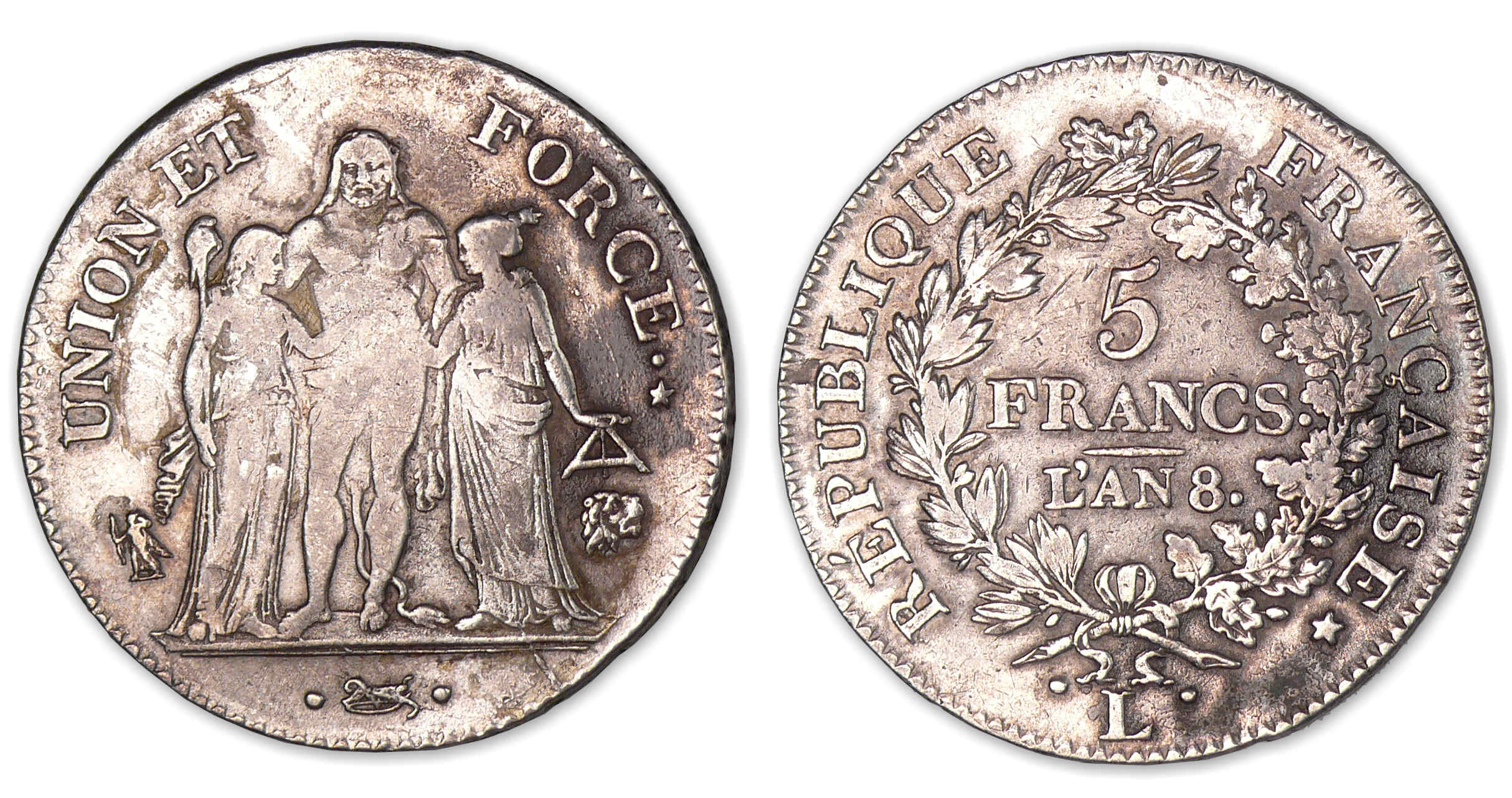 5 francs Hercule union et force avec glands An 8 L (Bayonne). 5 francs Hercule union et force avec glands An 8 L (Bayonne).
