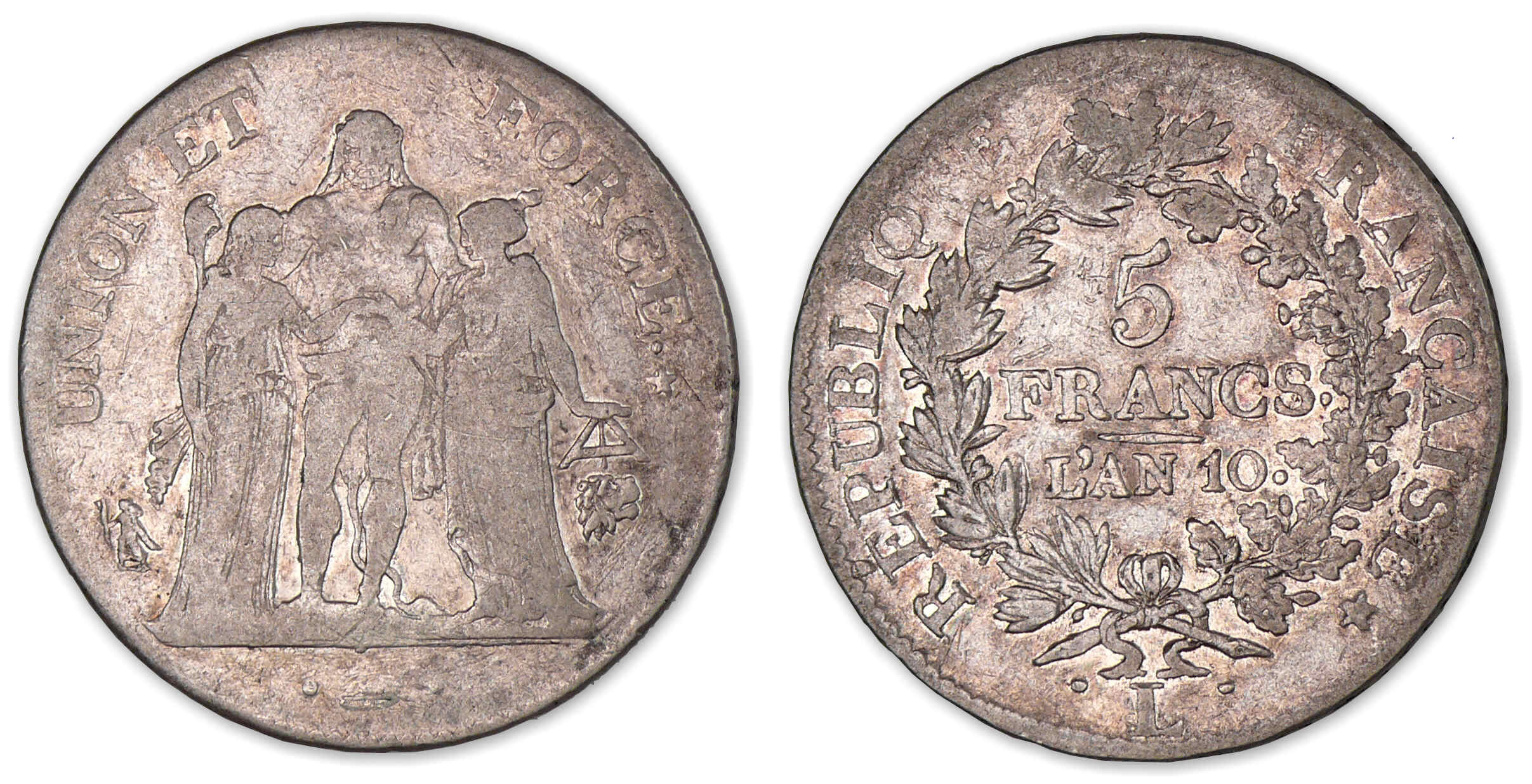 5 francs Hercule union et force avec glands An 10 L (Bayonne). 5 francs Hercule union et force avec glands An 10 L (Bayonne).