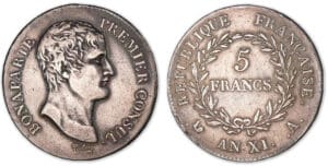 5 francs Bonaparte Premier Consul An XI A (Paris).
