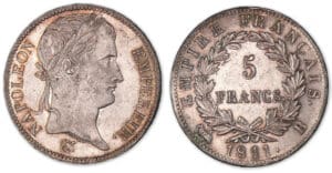 5 francs Napoléon revers Empire 1811 B (Rouen).
