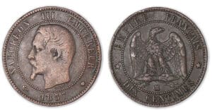 10 centimes Napoléon III tête nue 1857 MA (Marseille).