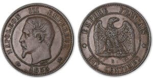 10 centimes Napoléon III tête nue 1855 B ancre (Rouen).