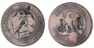 Monnaie satirique de 10 centimes Napoléon III tête nue 1855 A (Paris).