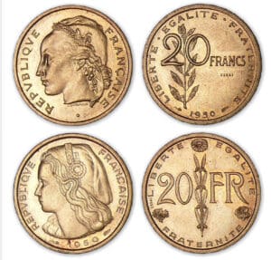 Lot de 2 des 4 essais du concours de la 20 francs 1950.
