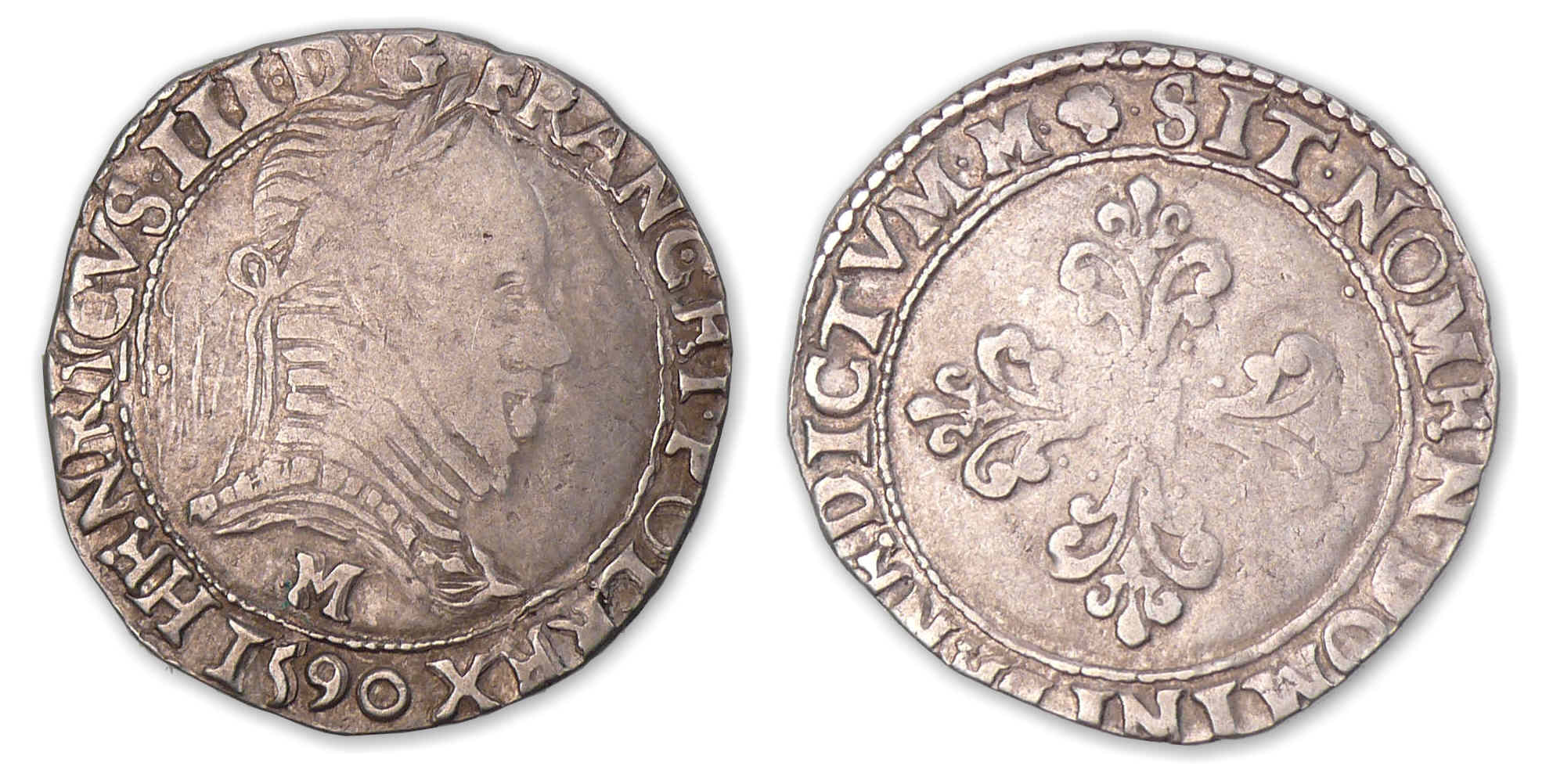 Henri III - Ligue - Demi-franc au col plat 1590 M (Toulouse). Henri III - Ligue - Demi-franc au col plat 1590 M (Toulouse).