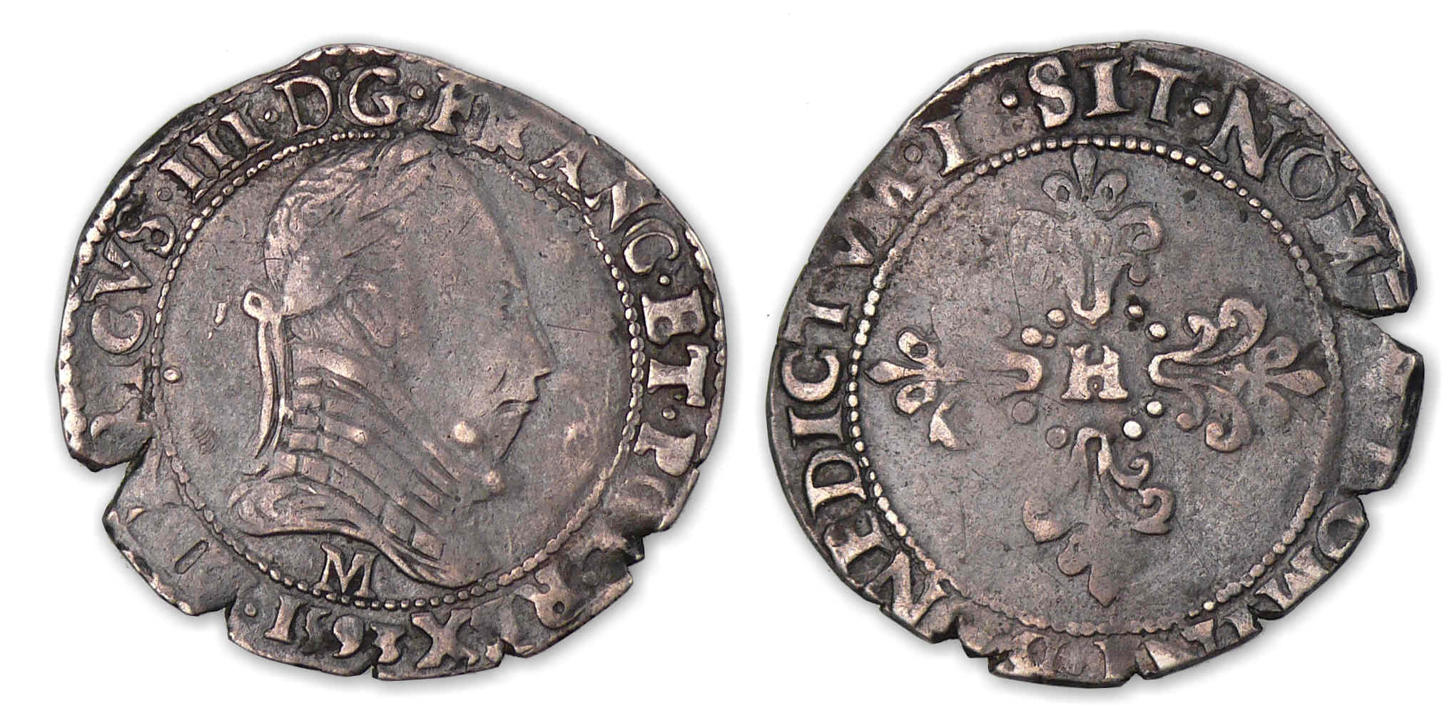 Henri III - Ligue - Demi-franc au col plat 1593 M (Toulouse). Henri III - Ligue - Demi-franc au col plat 1593 M (Toulouse).