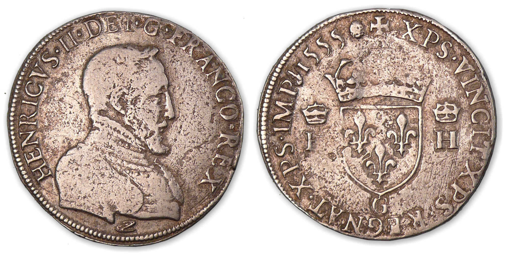 Henri II - Teston Buste nu 1er type 1555 G (Poitiers). Henri II - Teston Buste nu 1er type 1555 G (Poitiers).