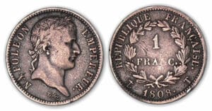 1 franc Napoléon revers Répulique 1808 T (Nantes).