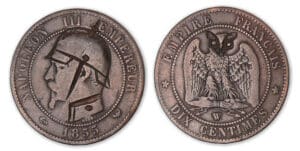 Monnaie satirique de 10 centimes Napoléon III tête nue 1855 W (Paris).