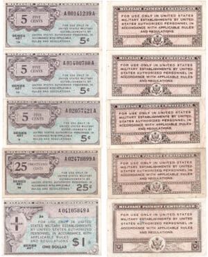 Etats-Unis - Bank Note - Military payment certificates - 5 cents, 25 cents, 1 dollar serie 461 (lot de 5 billets)