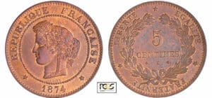 Troisième République (1871-1940) - 5 centimes Cérès 1874 K (Bordeaux)