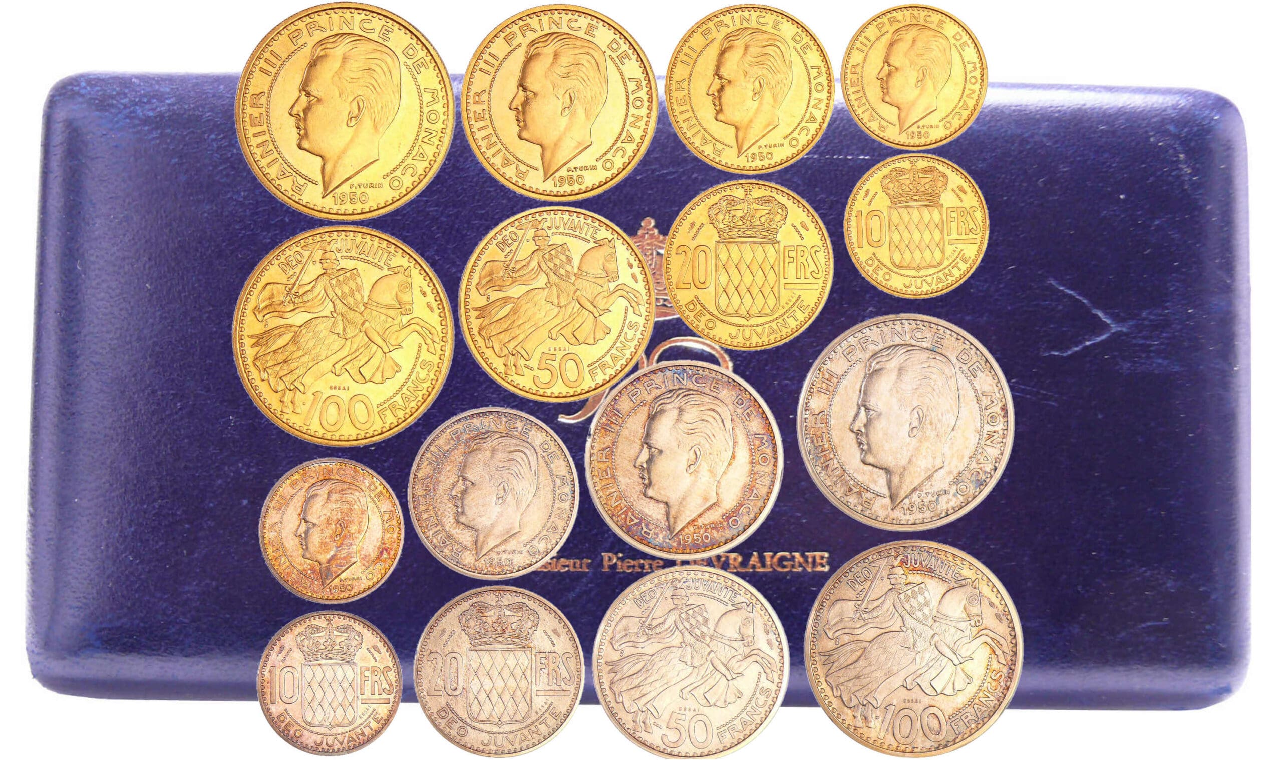 Monaco - Ranier III (1949-2005) - Coffret de 8 monnaies, 100 frs-50 frs- 20 frs- 10 frs essai en or et 100 frs-50 frs- 20 frs- 10 frs piéforts en argent - 1950 Monaco - Ranier III (1949-2005) - Coffret de 8 monnaies, 100 frs-50 frs- 20 frs- 10 frs essai en or et 100 frs-50 frs- 20 frs- 10 frs piéforts en argent - 1950