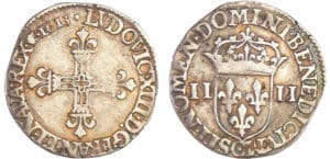 Louis XIII (1610-1643) - ¼ d'écu à la croix fleurdelisée, avers côté croix - 1613 C (Saint-Lô)