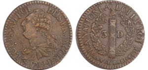 Constitution (1791-1792) - 3 deniers type FRANCOIS 1792 DL barré (Lyon)