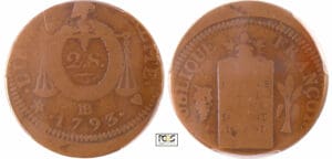 Convention (1792-1795) - 2 sols à la balance type FRANCOISE - An II - 1793 BB (Strasbourg) Frappe décentrée