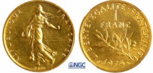 Cinquième république (1959- ) - 1 franc Semeuse 1974 piéfort or