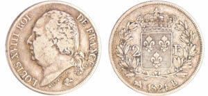 Louis XVIII (1815-1824) - 2 francs au buste nu 1824 B (Rouen)