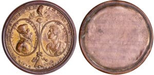 France - Révolution - Médaille représentant Robespierre et Cécile Renaud, exécutée le 17 juin 1794 pour avoir tenté d'assassiner Robespierre, et celui-ci exécuté le 28 juillet 1794