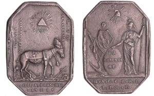 France - Révolution - Médaille satirique faisant référence à la politique de déchristianisation exercée par Joseph Fouché, sous l’influence de Chaumette. Le 10 novembre 1793, lors d’une cérémonie aux mânes de Chalier, un âne fût recouvert d’habits pontificaux pour marcher dans le cortège.