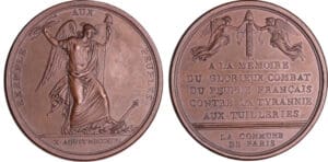 France - Révolution - Combat aux Tuileries. Médaille par Duvivier commémorant la journée du 10 août 1792, et distribuée aux membres de la Commune