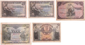 Espagne - El banco de espana - lot de 5 billets 25 pesetas (x2), 50 pesetas, 100 pesetas (1906), 50 pesetas (1907)