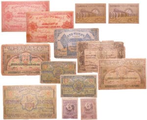 Russie - Transcaucase, Azerbaijan Socialiste Soviet Republic - 13 billets, 5 roubles (x2), 100 roubles (x2), 1000 roubles, 1000 roubles (x2), 50000 roubles, 100000 roubles, 1000000 roubles (1920-1922)