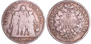 France - Bonaparte premier consul (1799-1804) - 5 francs Hercule union et force An 8 L (Bayonne) 8/5