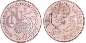 Cinquième république (1959- ) - 5 francs cinquantenaire de l'ONU 1995