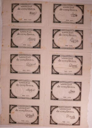 Révolution - Planche de 10 Assignats de 5 livres (10 signatures différentes)