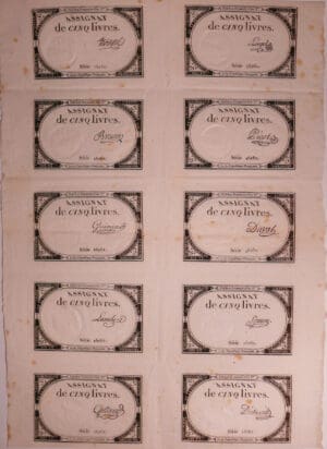 Révolution - Planche de 10 Assignats de 5 livres (10 signatures différentes)