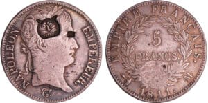 Napoléon 1er (1804-1814) - 5 francs revers empire 1811 M (Toulouse) Contremarquée d'une tête de tigre