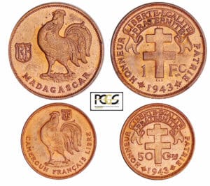 Madagascar et Cameroun - France libre - 1 franc et 50 centimes 1943