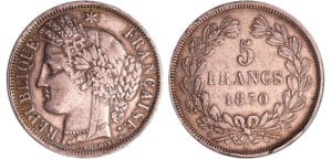 Gouvernement de défense nationale (1870-1871) - 5 francs Cérès sans légende 1870 K (Bordeaux)