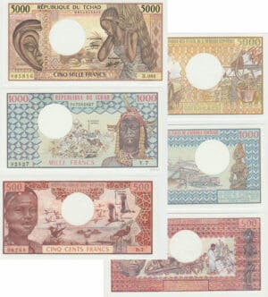 Tchad - République du Tchad - Lot de 3 billets, 500 francs (1974), 1000 francs (1978) et 5000 francs (1984)