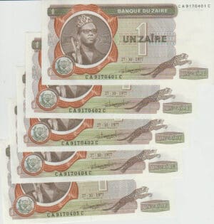 Zaïre - Lot de 5 billets de 1 zaîre 1977