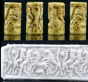 Mésopotamie - Sceau cylindre en pierre blanche -  3000 / 2000 av. J.-C.